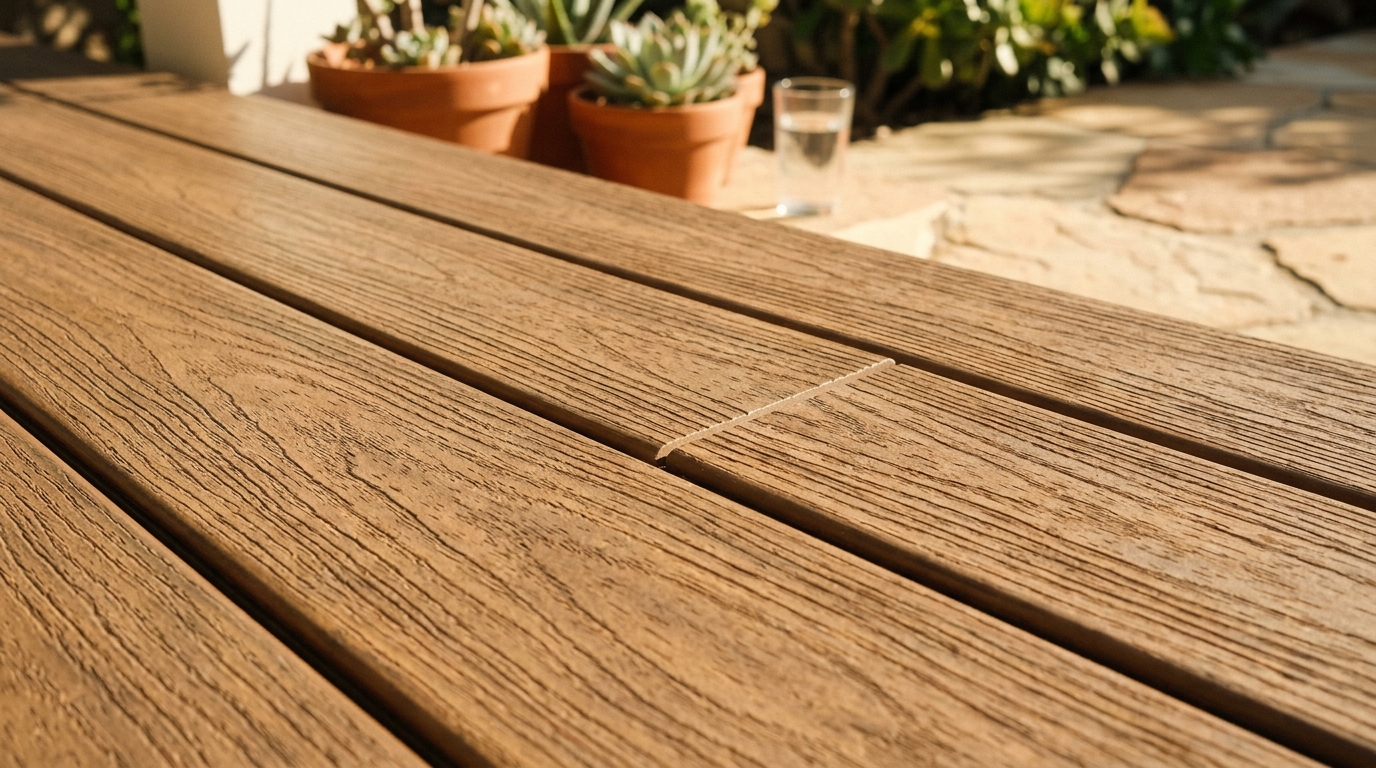 Trex capped composite decking boards with rich wood grain pattern installed in full sun
