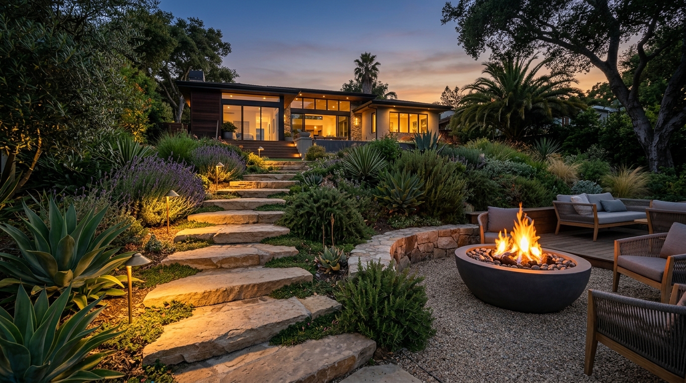 FX Luminaire solid brass low-voltage LED landscape path light illuminating garden walkway