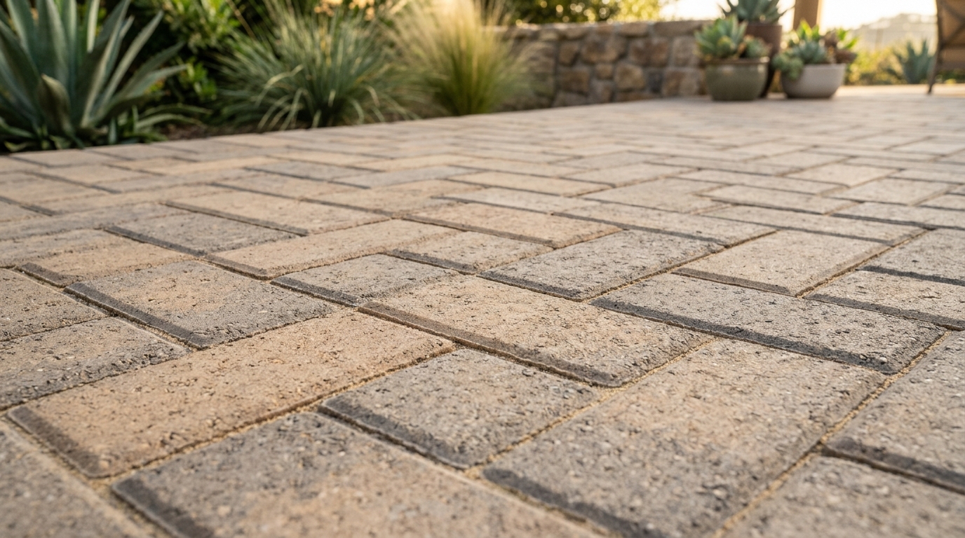 Belgard interlocking concrete pavers with natural chamfered edges on patio walkway