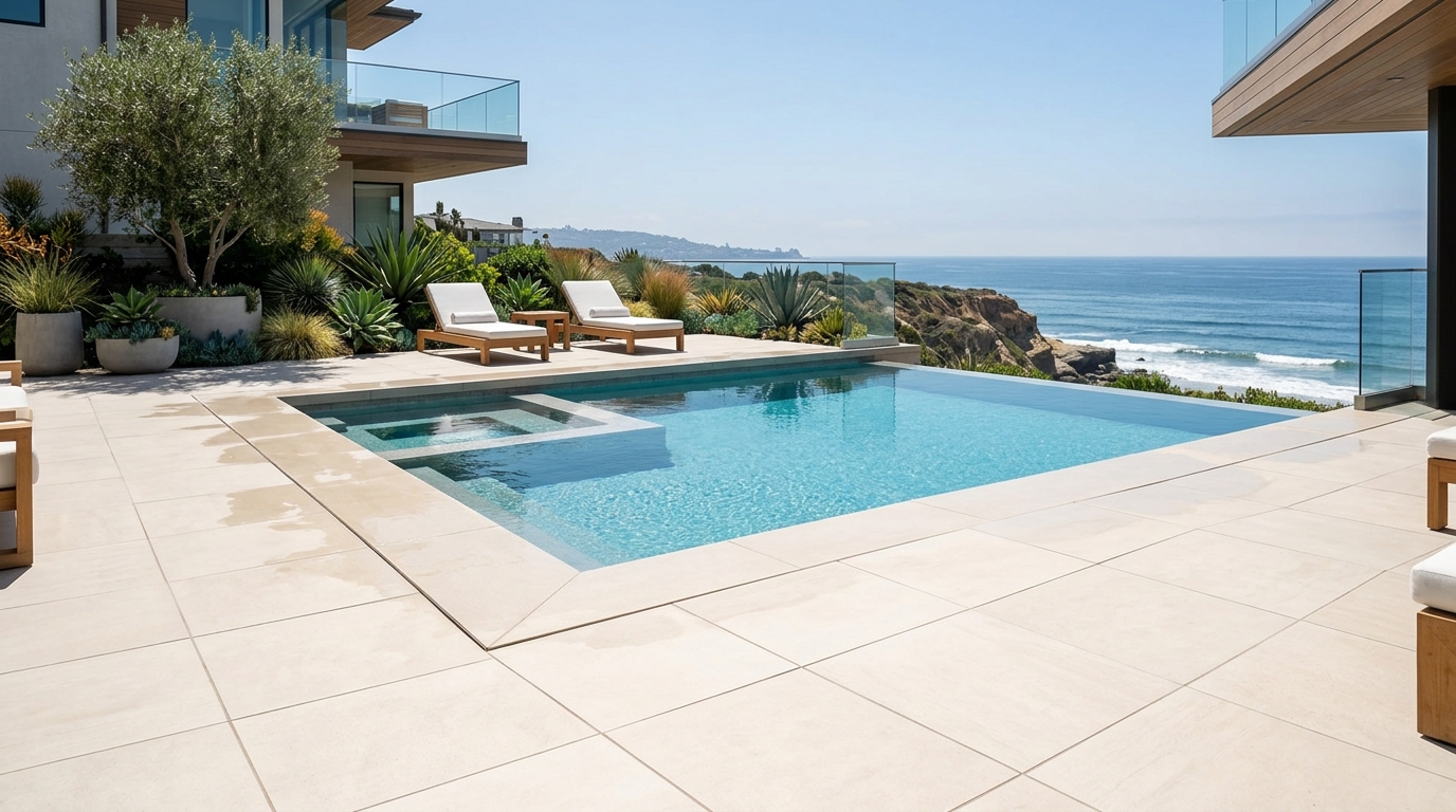 MSI 24x24 inch outdoor porcelain pavers installed on coastal San Diego pool deck