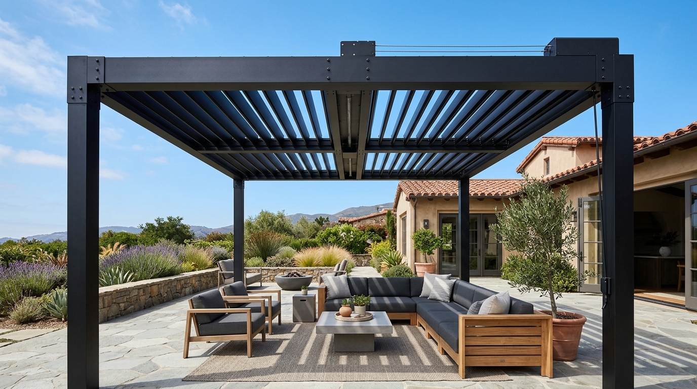 StruXure architectural matte black motorized louvered aluminum pergola over California patio