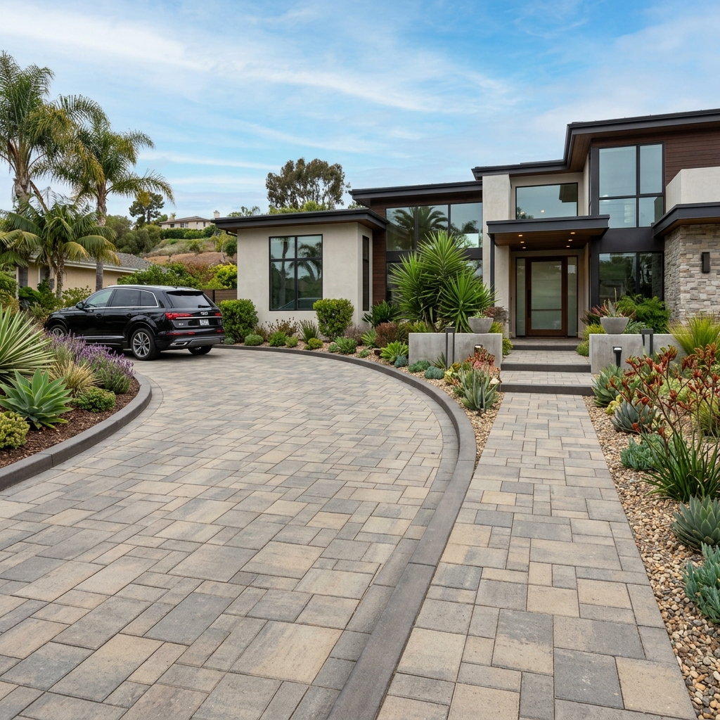 High-end interlocking paver driveway and matching walkway in San Diego