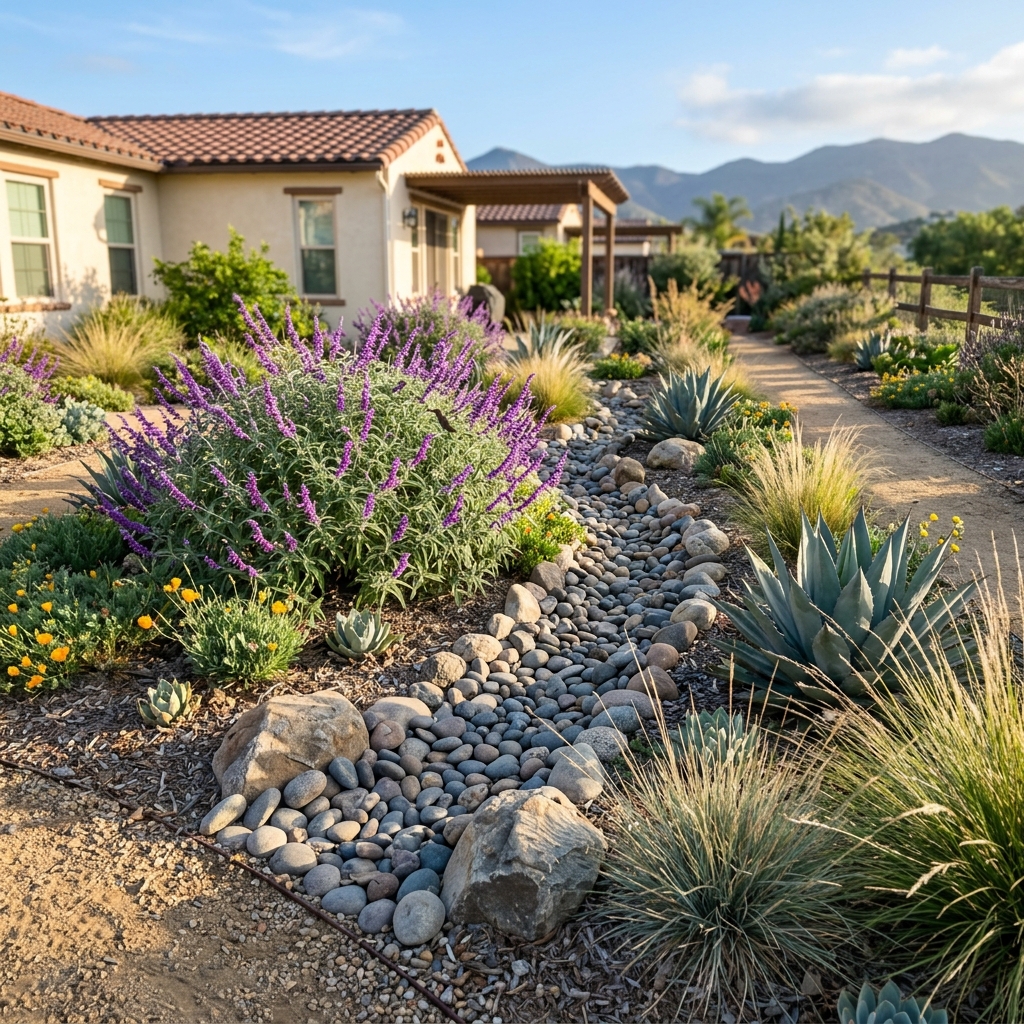 Drought-tolerant San Diego xeriscape landscape design with native plants and dry creek bed drainage