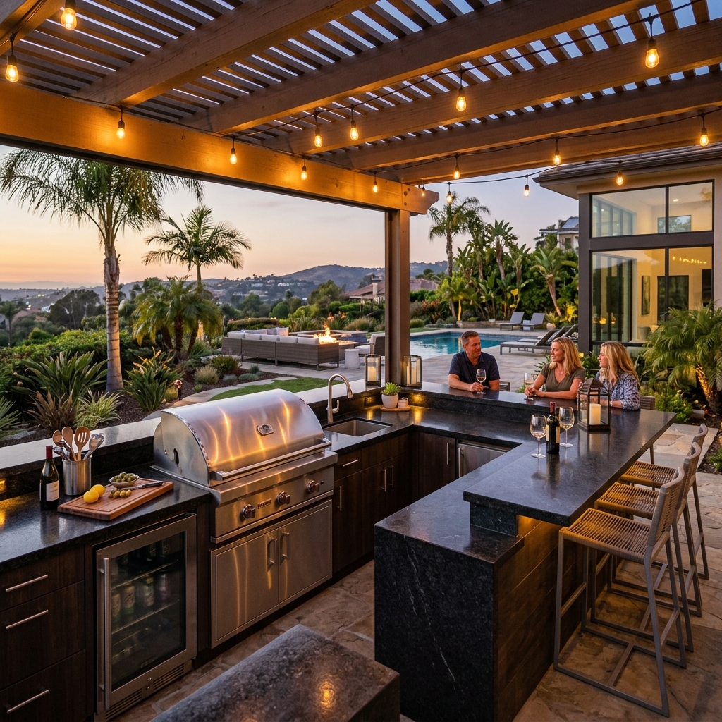 Luxury outdoor kitchen with built-in stainless steel BBQ grill and granite countertops