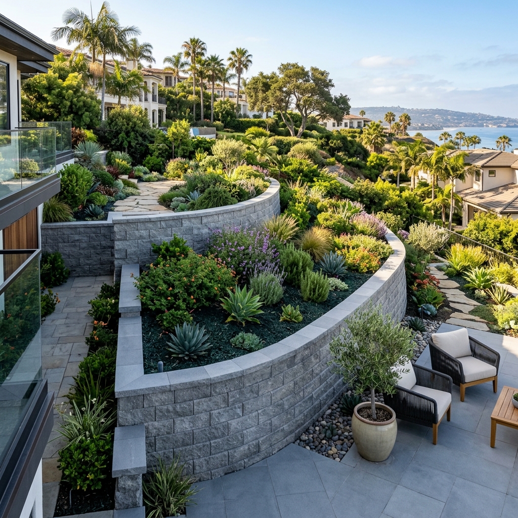 Engineered block retaining wall stabilizing a tiered hillside garden in a San Diego backyard
