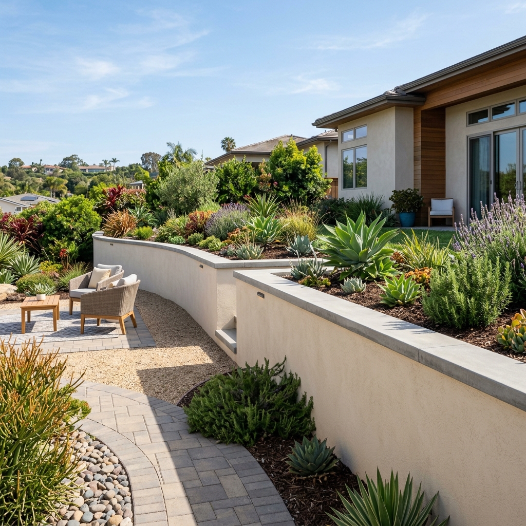Concrete block (CMU) retaining wall in San Diego backyard