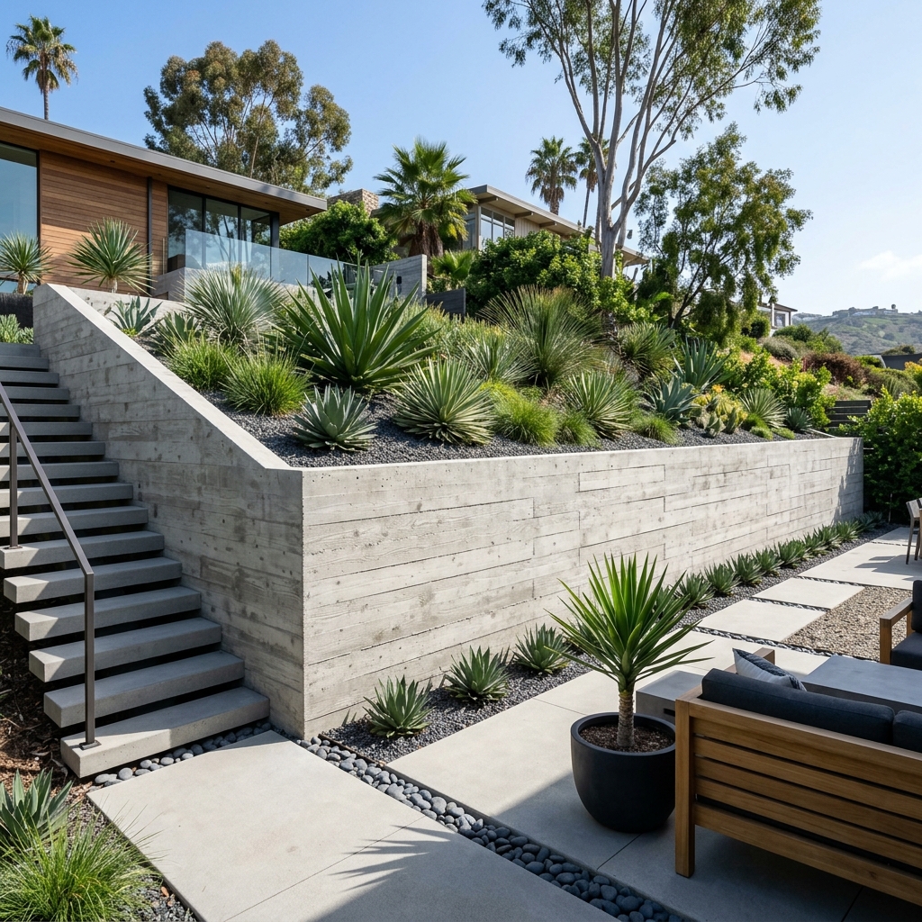 Poured concrete retaining wall board formed finish