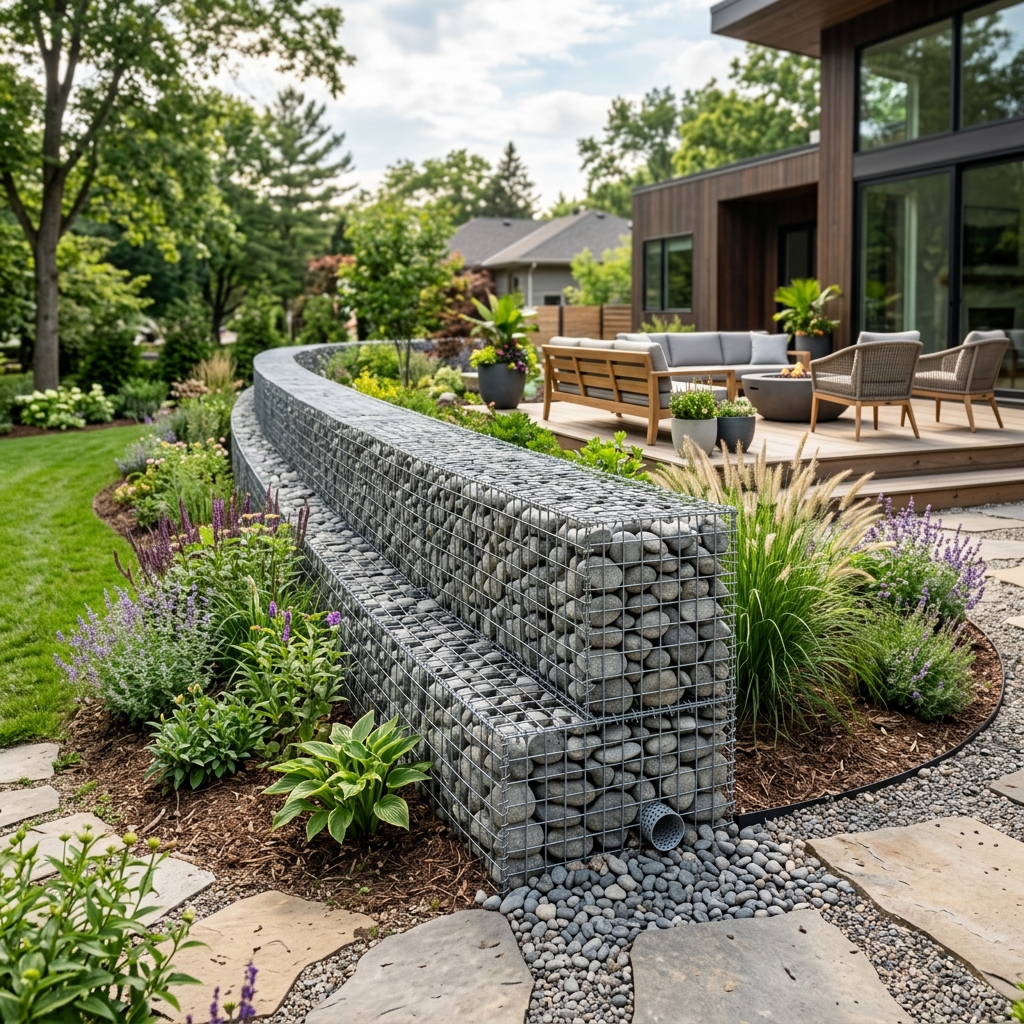 Gabion wire basket retaining wall filled with river stones